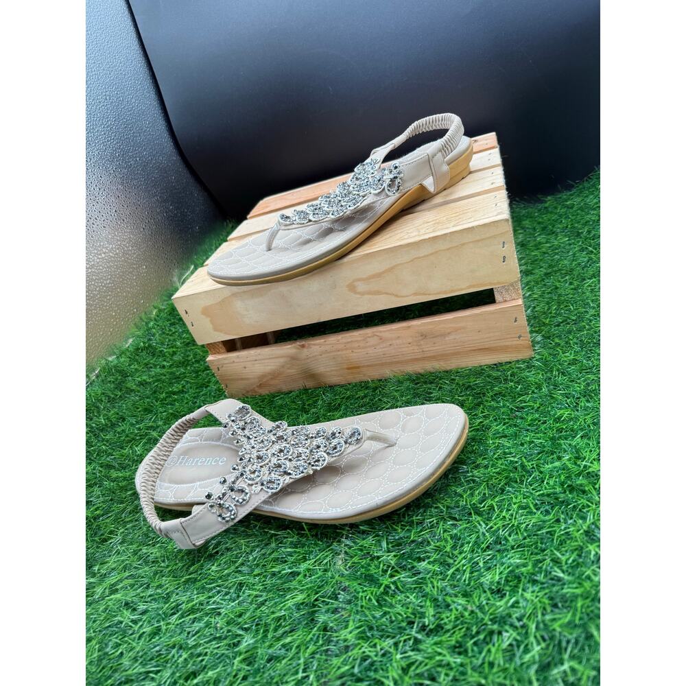 Harence-Beige Rhinestone- Sandals- Size 9W